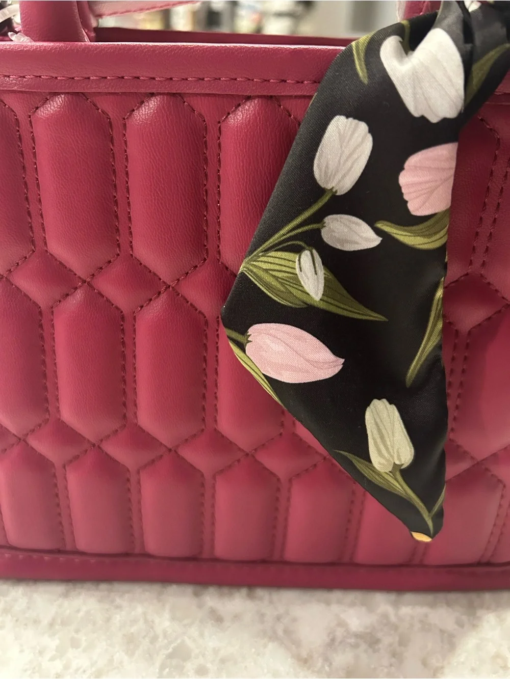 “New” Steve Madden Stylish Quilted Top-Handle Bag in Fuchsia with Scarf Accent